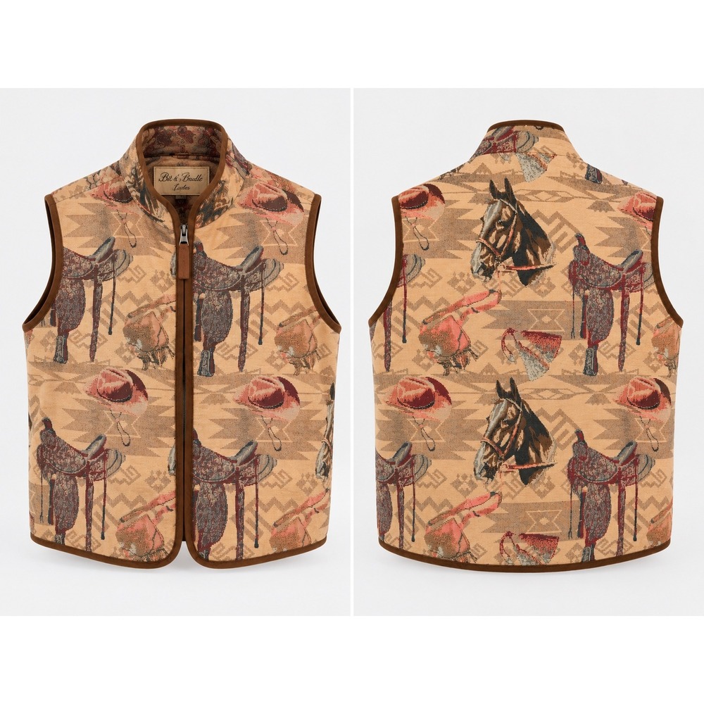 Vintage Bit & Bridle Tapestry Vest Tan Equestrian Horse Saddle Southwest Zip L